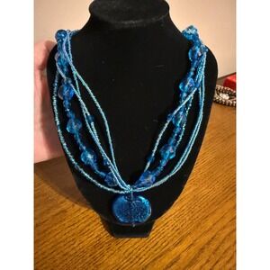 Blue Multi Strand Seed Bead & Faceted Glass Statement Necklace with Foil Pendant
